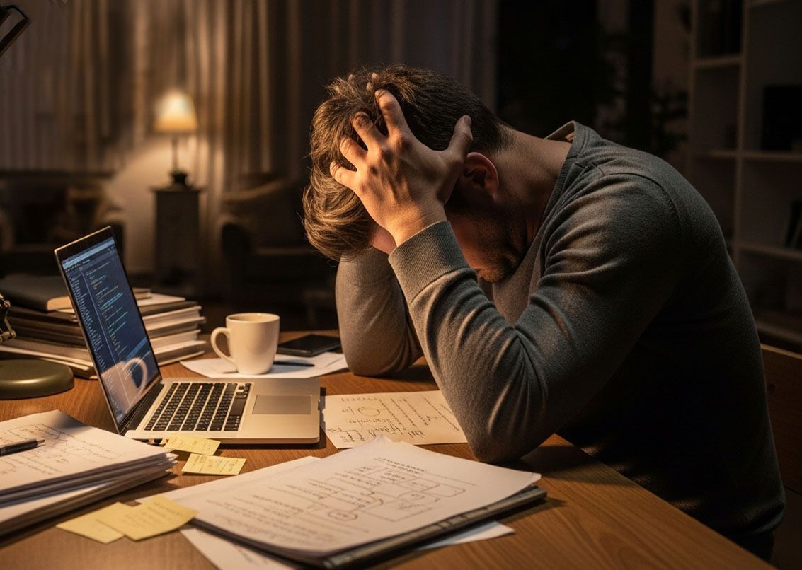 Мужчина держется за голову перед работой